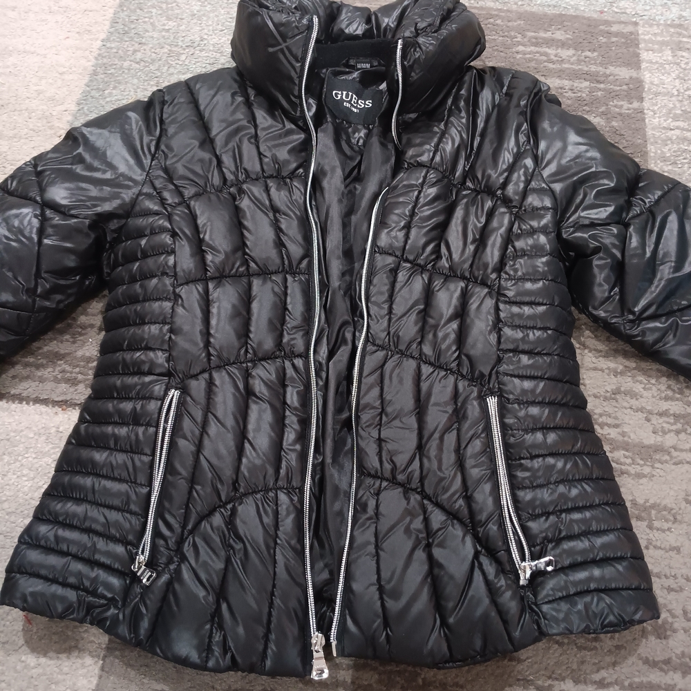 GUESS Shiny Black Quilted Puffer Coat